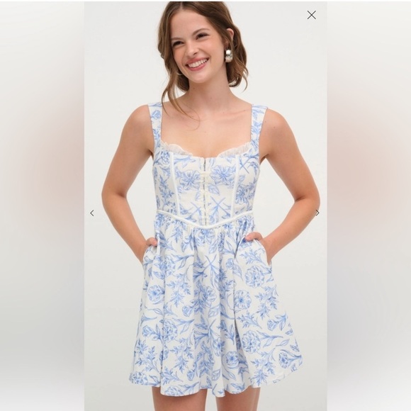 For love and lemons Maisie Floral Blue and White mini Dress - Picture 1 of 13